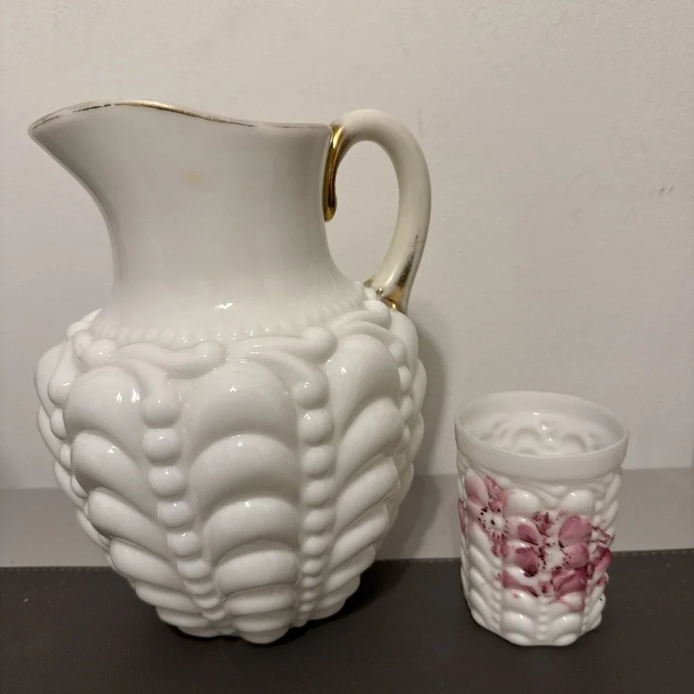 Antique Consolidated Glass Guttate Milk Glass Pitcher & Tumbler Set White Gold